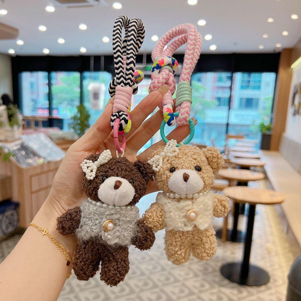 Bow Pearl Plush Bear Keychain Funny Key Ring Lovely Furry Bear Pendant  Bag Key Decor