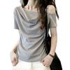 Short-sleeved T-shirt Women's Summer New One-word Shoulder Slanted Shoulder Fake Two-piece Splicing Great-looking Pinched Waist Off-shoulder Top