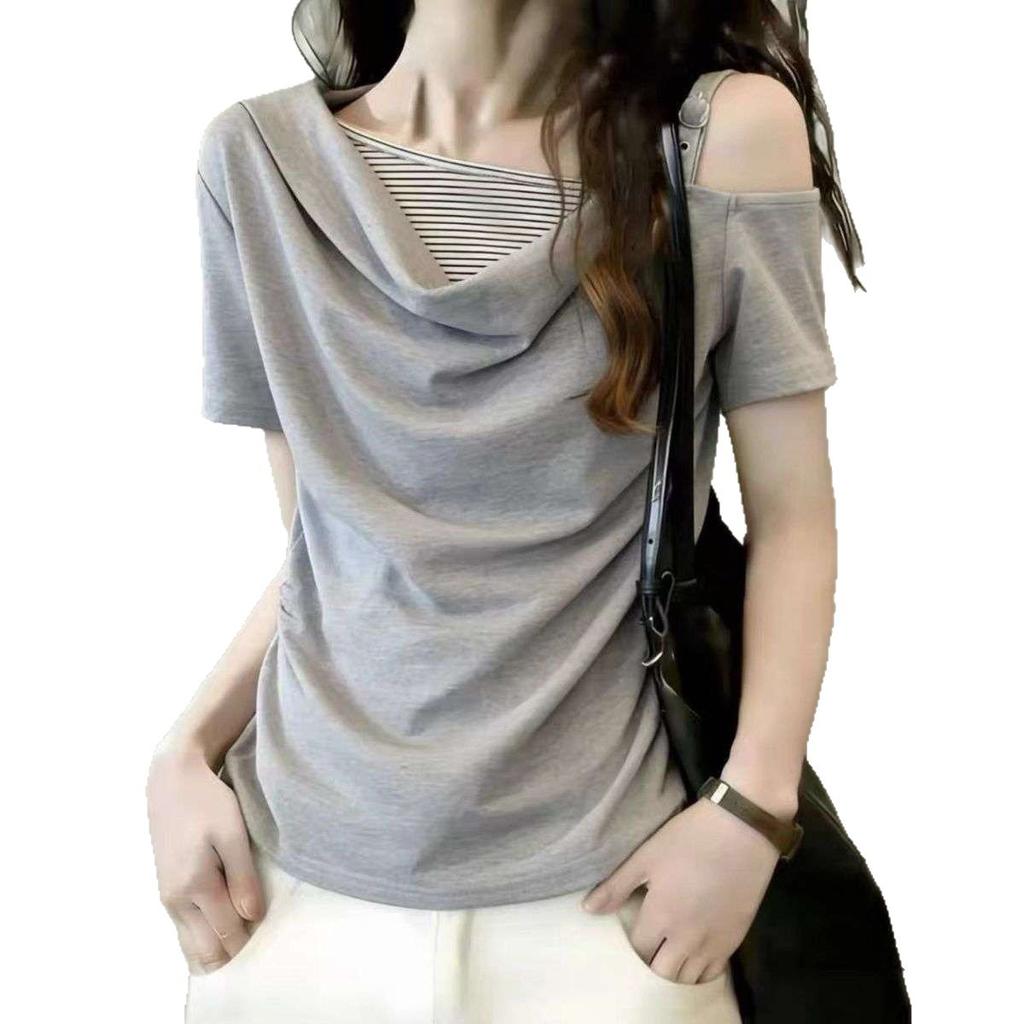 Short-sleeved T-shirt Women's Summer New One-word Shoulder Slanted Shoulder Fake Two-piece Splicing Great-looking Pinched Waist Off-shoulder Top