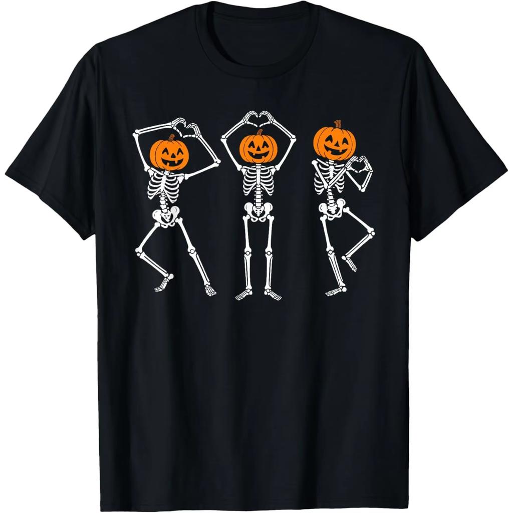 2026 New Funny Skeleton Pumpkin Heart Pose Graphic Print Casual Round Neck Tshirt For Unisex