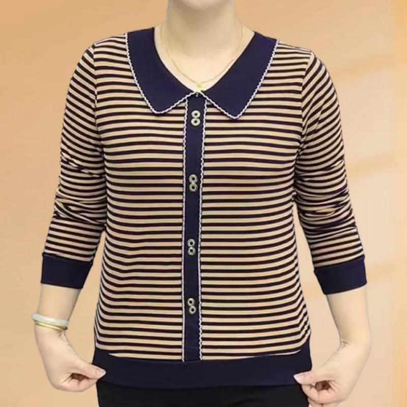 

Новый весенне-осенний топ с лацканами и полосками, с длинными рукавами, женский, модный, омолаживающий, большого размера, повседневный, наряд для мам среднего и пожилого возраста 4XL дубильная кора