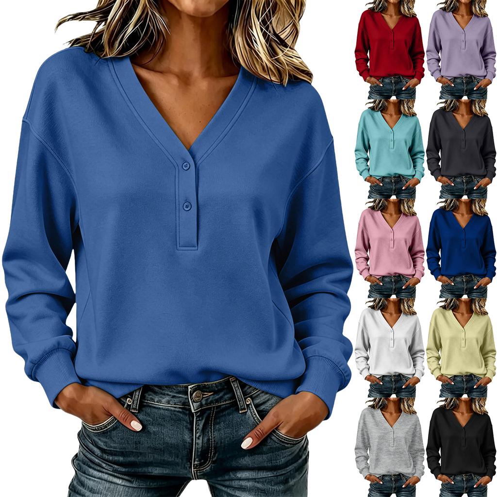 Women's Casual Long Sleeve Pullover Sweatshirt with V-Neck and Button, Loose Fit
