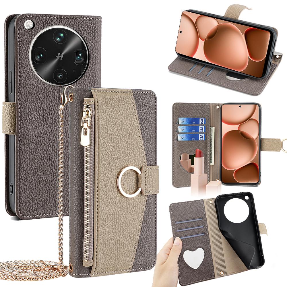 

For Oppo Find X8 Ultra 5G Case Mirror Wallet Leather Phone Cover with Chain Shoulder Strap Grey