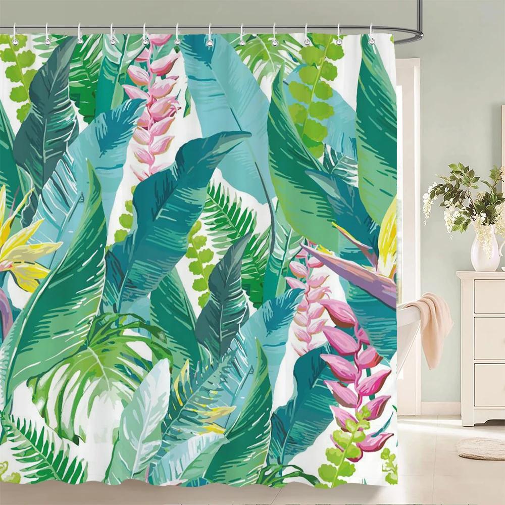 3D Badezimmervorhänge Tropische Grüne Blätter Pflanzen Monstera Druck Duschvorhang Heimdekoration Wasserdichter Stoff Badewannenvorhang