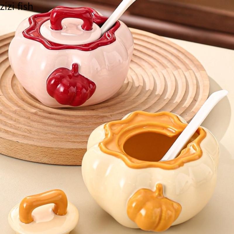 Pumpkin Ceramic Storage Jar Lard Pot Storage Bottle Spice Jar Storages Tank Salt Shaker Chili Jars Lard Bowl with Lid Organizer