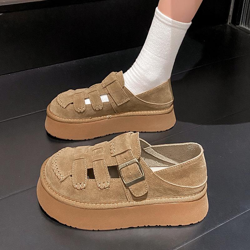 Literary and retro style thick-soled heightening single shoes, women's shoes, one pedal, versatile casual sandals