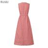 ZANZEA Women Casual Round Neck Loose Summer Grid Print Sleeveless Dress