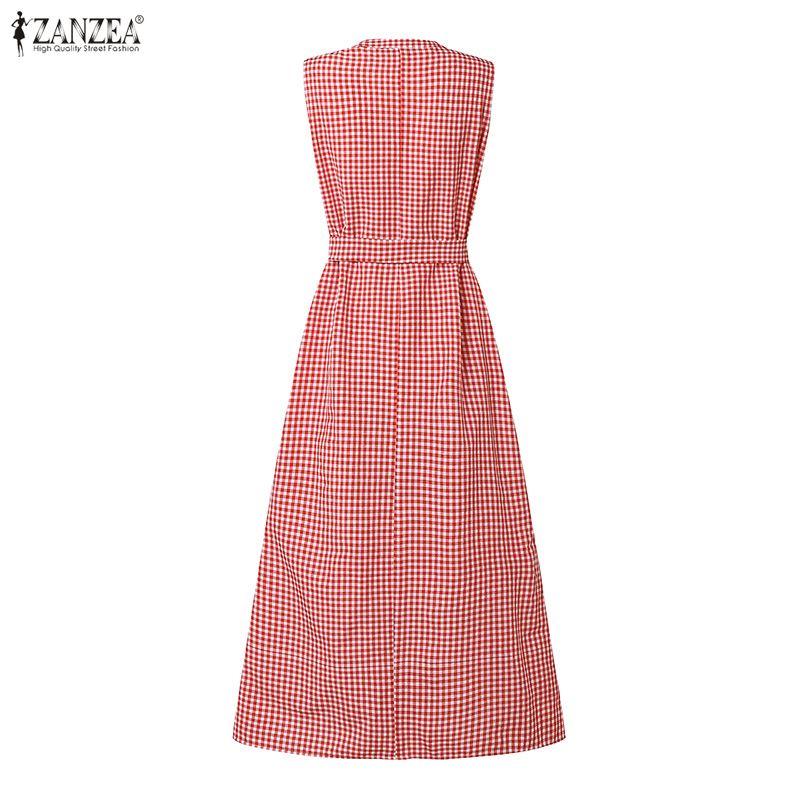 ZANZEA Women Casual Round Neck Loose Summer Grid Print Sleeveless Dress