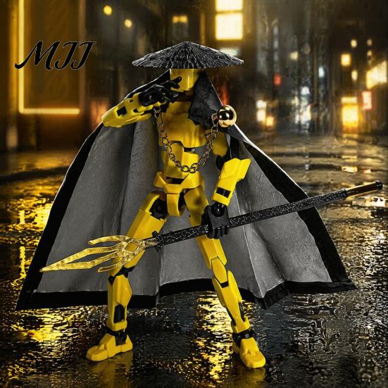 Swordsman Action Model Chinese Figure with Accessories, Multi-Joints Movable Bamboo Hat Cloak Man Figurine, Articulated Dummy Robot Toy Collectible