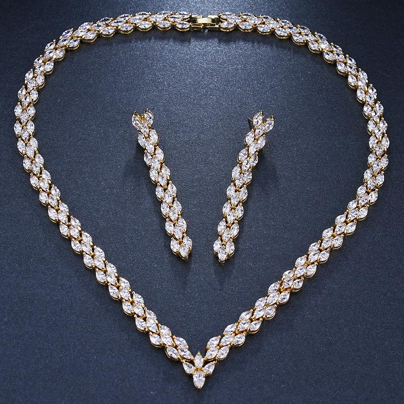 Emmaya, rafinat, cu zirconiu cubic, set de bijuterii pentru petrecere de nuntă, de culoare aurie, de înaltă calitate, colier de mireasă, cercei