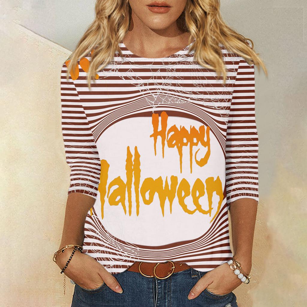 2024 New Women's Halloween Long Sleeve T-Shirt Spider Web Print Round Neck Casual Basic Loose Ladies Designer Tops