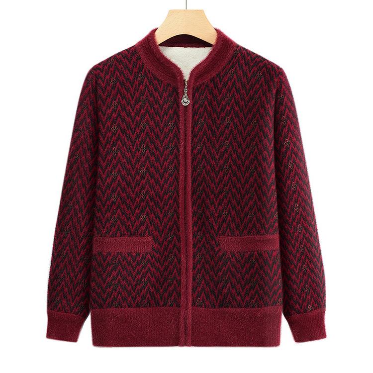 Mom's Autumn and Winter Round Neck Cardigan Plus Velvet Warm Top Middle-aged and Elderly Loose Casual and Comfortable Grandma Jacket