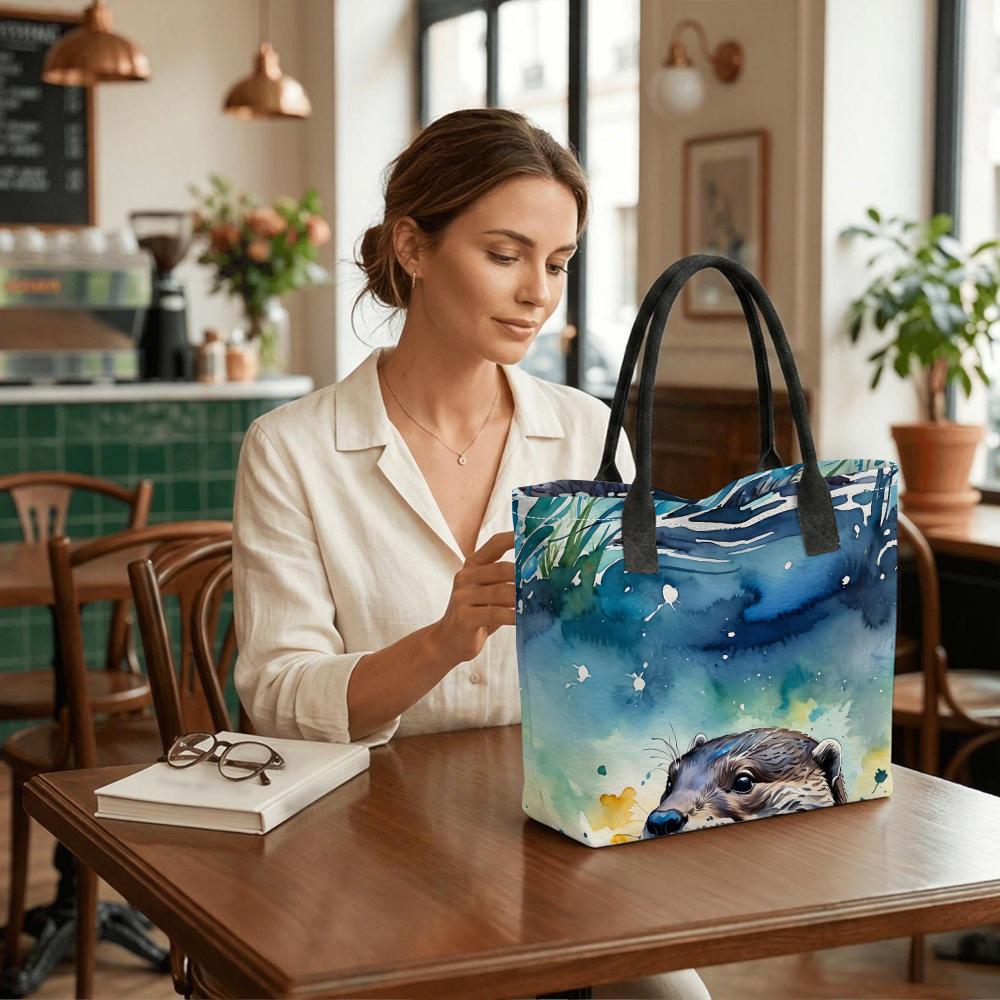 Watercolor Otter Print Canvas Tote Bag Casual Large Capacity Shoulder Handbag for Daily Use