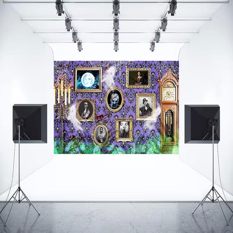 2D Spooky Haunted House Backdrop, Ghost Portraits & Grandfather Clock Photo Background