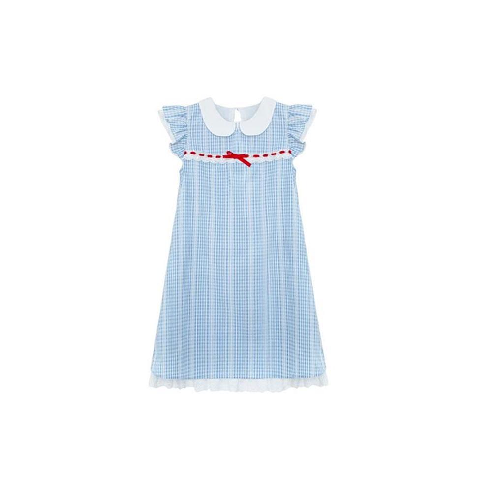 French Sweet Blue Plaid Small Fly Sleeve Dress Unique Beautiful Small Doll Collar a Word Short Skirt Summer