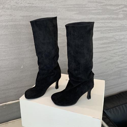 

2025 новые европейские и американские темпераментные простые изящные туфли на высоком каблуке с круглым носком модные высокие сапоги для работы однотонные сапоги-чулки детские 40 чёрный