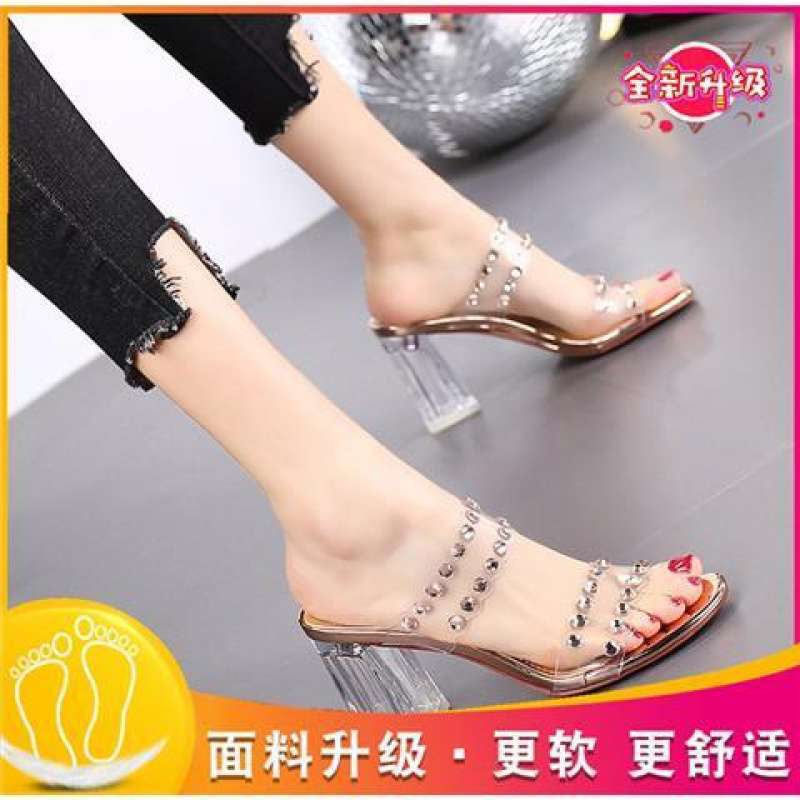 Fashion slippers 2025 new women's sandals thick heel waterproof table high heels rivets transparent heel versatile women's shoes