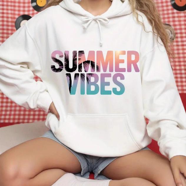 2025 European Size Drop Shoulder Coconut Tree 'SUMMER VIBES' Hoodie Sweatshirt