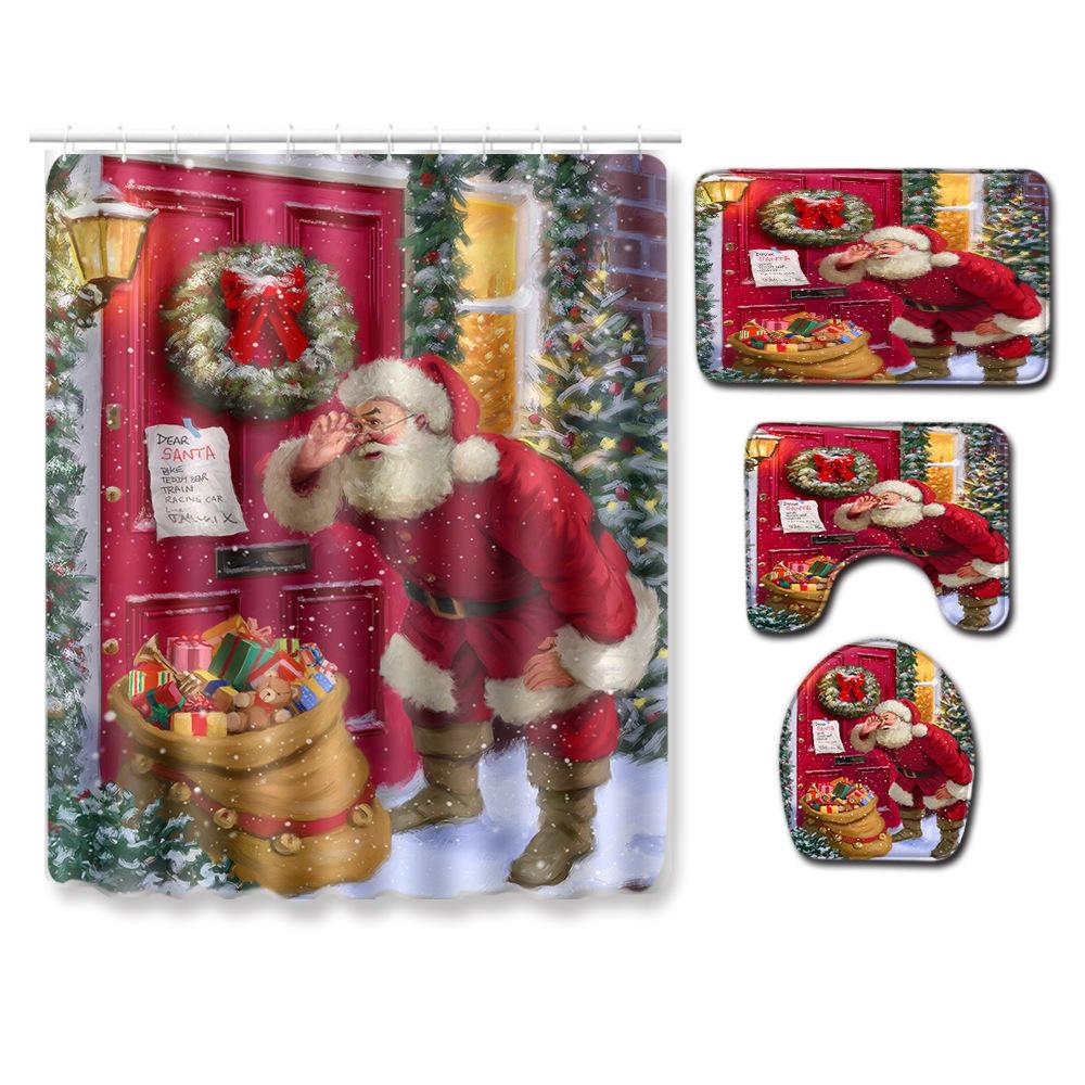 Christmas Shower Curtain Floor Mat Combination Four-Piece Set Bathroom Toilet Carpet Shower Room Mat Foot Mat