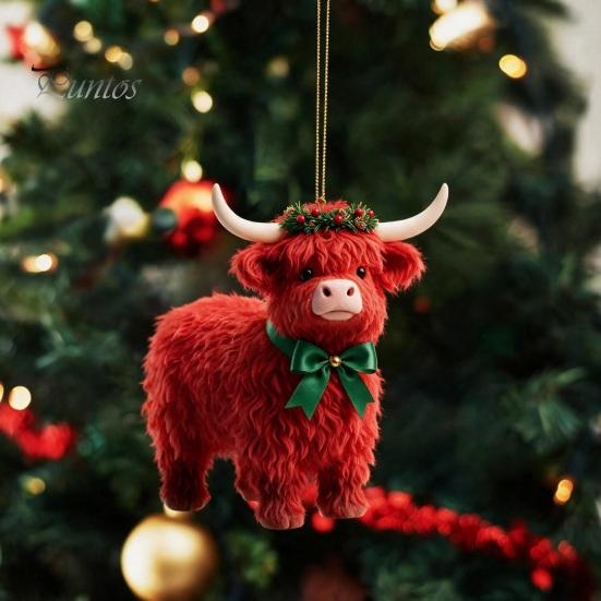 Small Holiday Party Favors Highland Yak Ornament for Christmas Tree Hanging Decor, Cute 2D Flat Unique Acrylic Gift Tags Pendant with Gold String