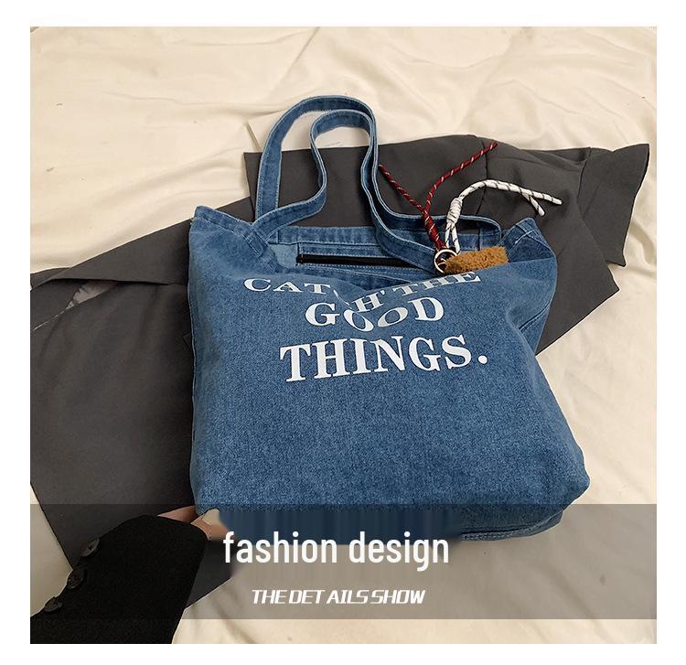 Retro Letter Denim Tote Bag - Large Capacity, Lazy Style Shoulder Bag