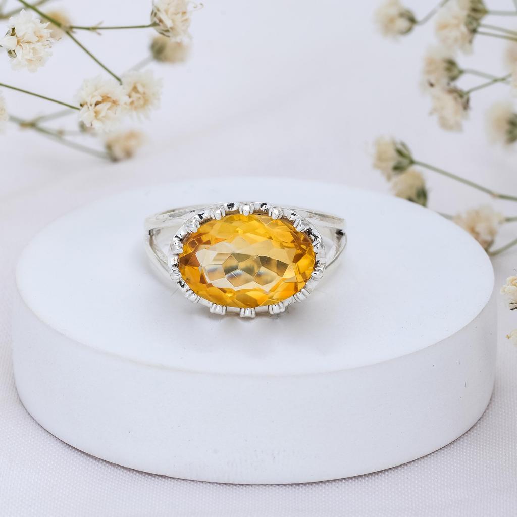 Sterling Silver Crown Shape Gemstone Ring - Oval Amethyst & Citrine Statement Ring February November Birthstone Jewelry, Birthday Gift for Her