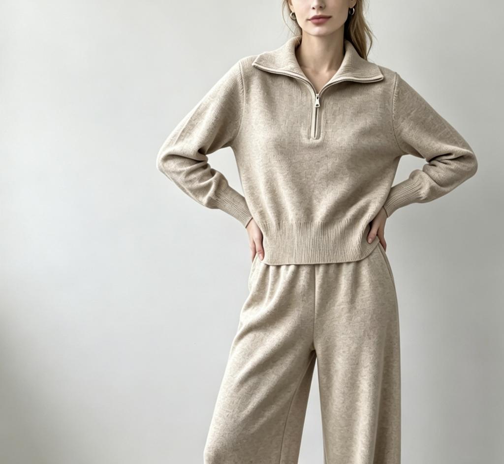 European and American casual knit set: women's half-zip sweater + high-waisted wide-leg pants, weighty two-piece set