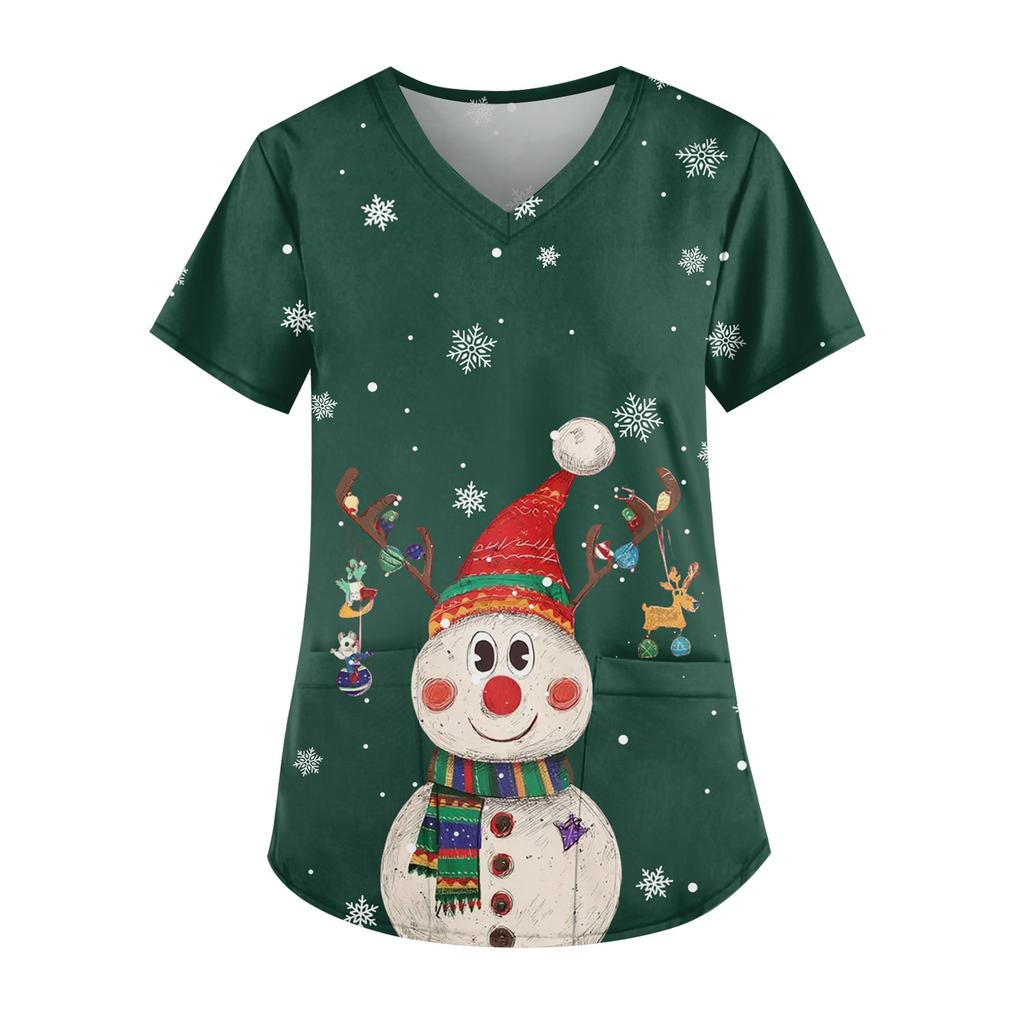 Ladies' Fashionable V-neck Pocket Short Sleeved Christmas Tree Printed Caregiver Uniform