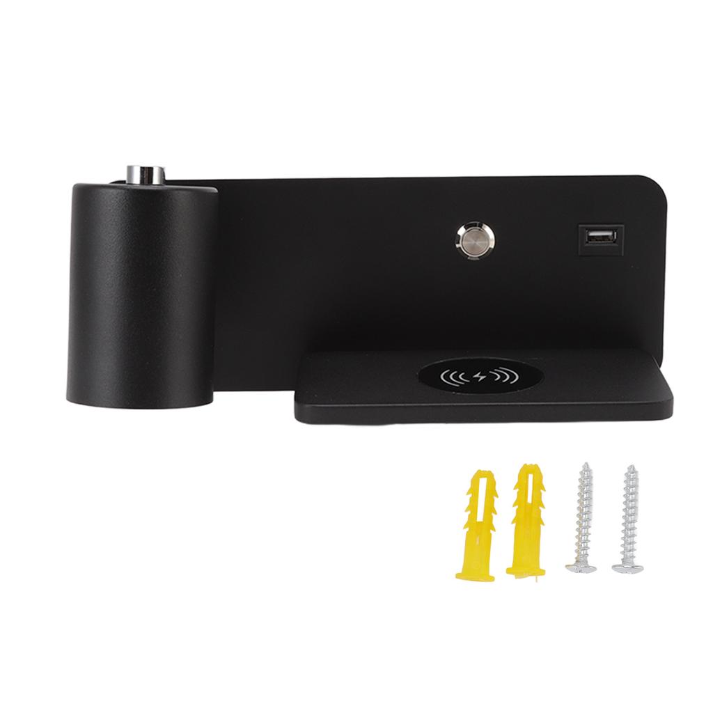 LED nástěnné světlo USB rozhraní Bezdrátové nabíjení LED nástěnná lampa do obývacího pokoje ložnice 85‑265V černá