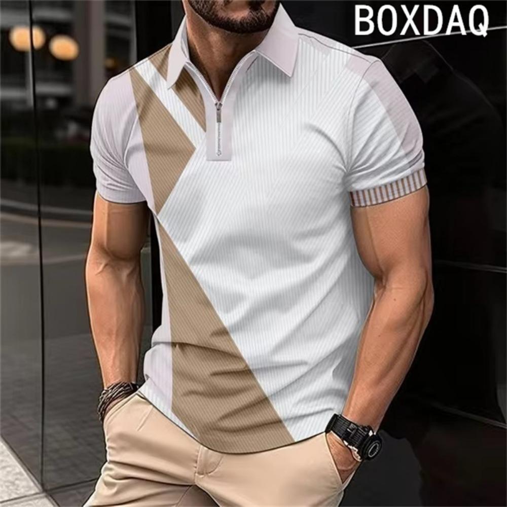 Men's Short Sleeved Shirt, Fashionable Geometric Pattern Patchwork Shirt, Men's Summer Sports Polo