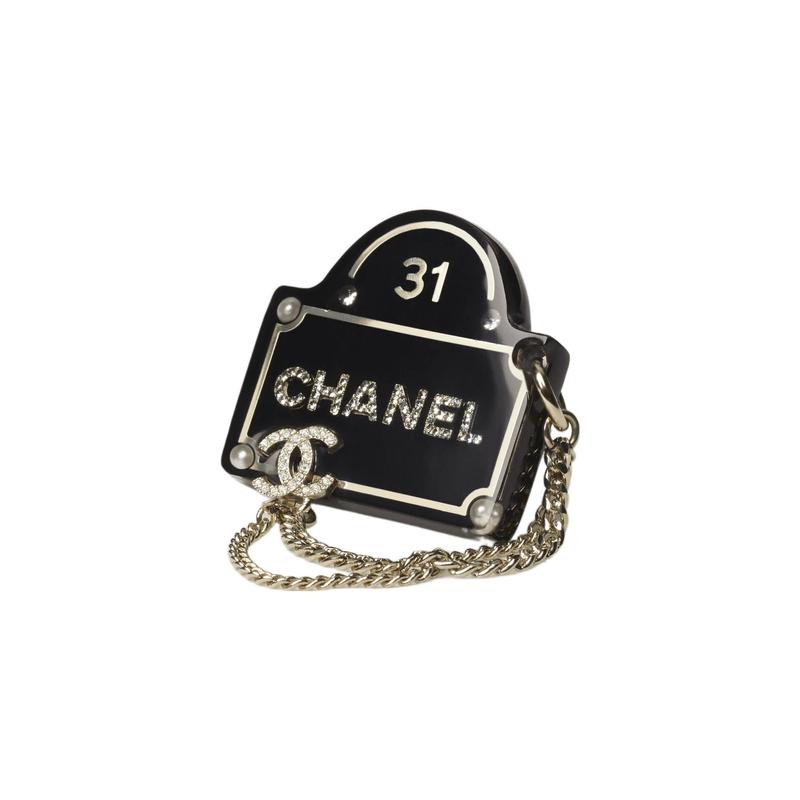 Chanel Resin House Plate Brooch Women's Black