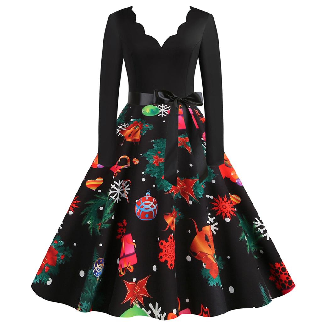 Women's Fashion Christmas Casual Slim Print Hem Long Sleeve Dress