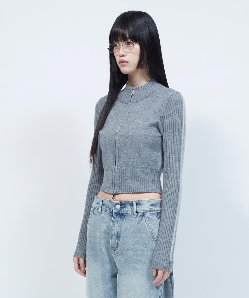 LMR Hairy Lettering Track Crop Knit Zip-Up Grey