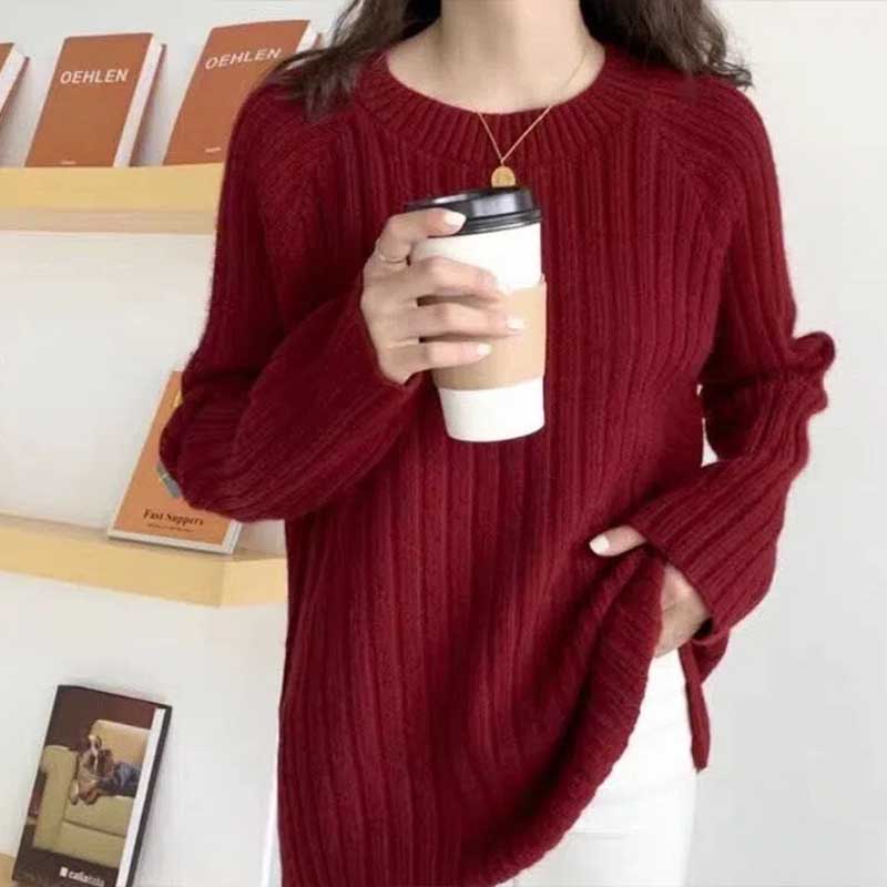 

Свитер с вертикальным узором, свободный и ленивый стиль, женский зимний однотонный универсальный нежный внутренний пуловер, нижний свитер S бордовый