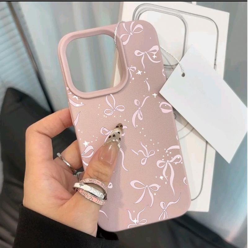 Cute Pink Star Bow Lichee leather pattern Phone Case For Samsung S25 S24 S23 S22 S21 S20 S10 Plus FE Ultra 4G 5G Shockproof