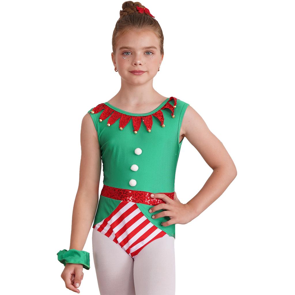 Kids Christmas Costume Color Block Jumpsuit Bell Pom Pom Sequin Adorned Elastic Headband Holiday Party Outfit