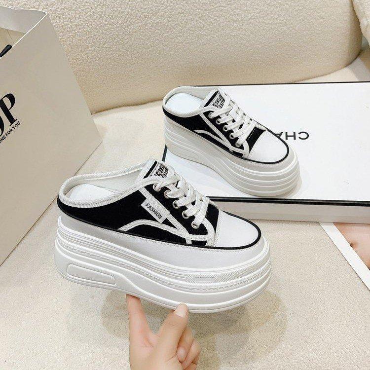 Fashion Bag Head Half Slippers Women's Outer Wear 2025 Autumn New One-pedal Canvas Shoes Versatile Platform High-heeled Sandals