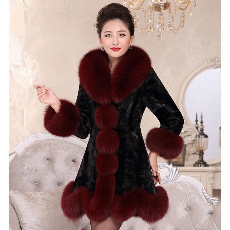 New Imitation Mink Coat Fur Coat Medium and Long Imitation Fox Fur Collar Women Winter Thickened Medium