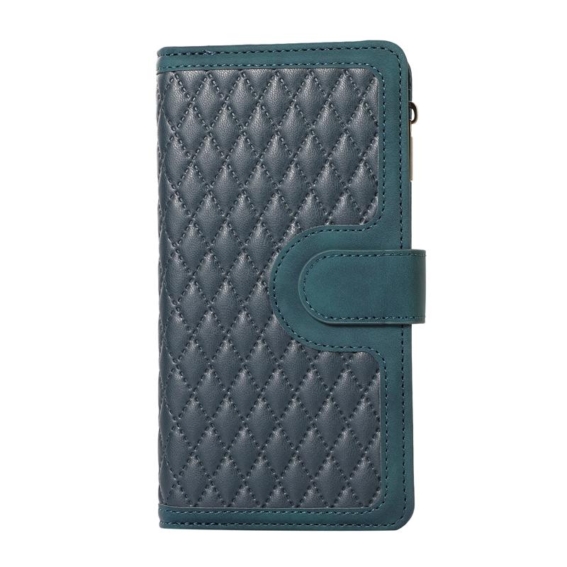 Multi-function 9 Card Slots Double Layer Zipper Phone Bag for iPhone Samsung Xiaomi Google Luxury Embossed Rhombus Hand-strap PU Leather Wallet Case