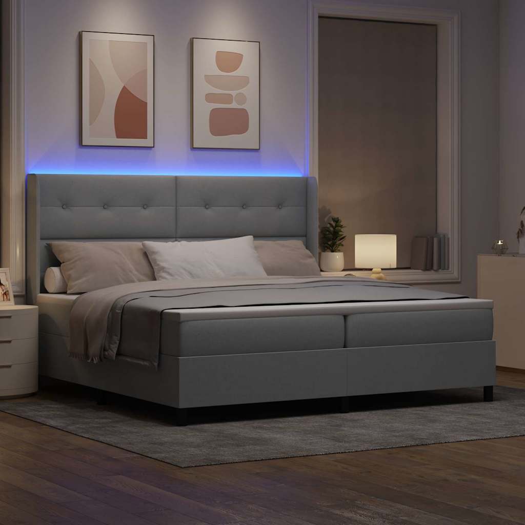 LED Boxspring Bed with Headboard Light Gray 200 x 200 cm Fabric