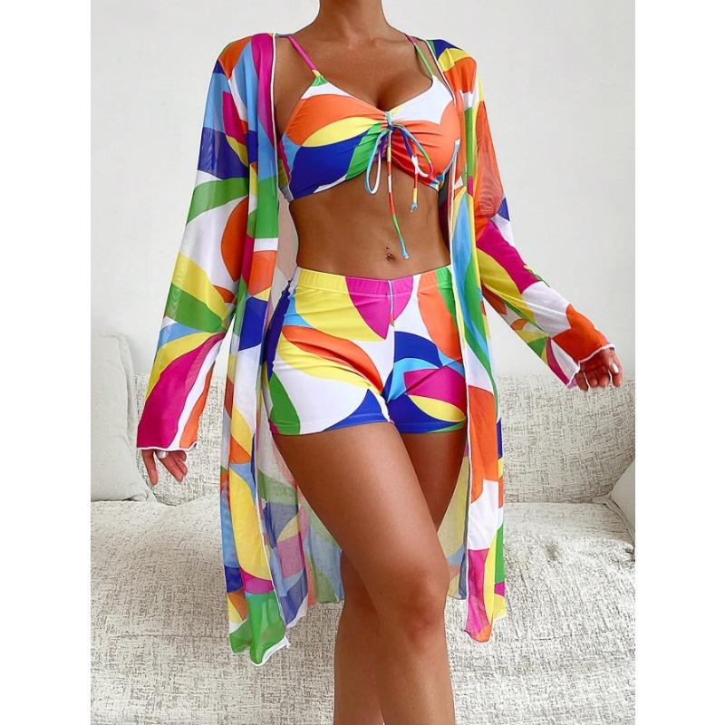 Women's 3 Piece Swimsuit Rainbow Geometric Print High Waist  Beach Cover Up