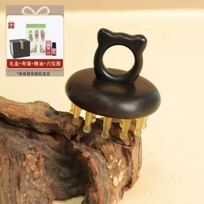 Green Sandalwood Cat Ear Ring Horn Massage Comb, 28 Teeth Multifunctional Head Massager, Portable Household Gift Ready