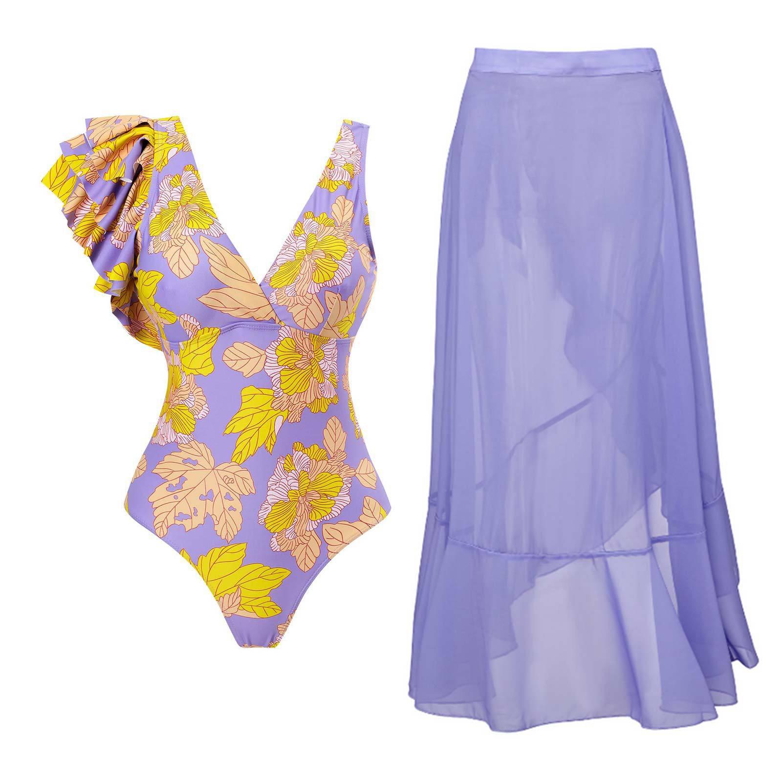

Women s One Piece Swimsuit with Ruffle Strap and Printed Sarong Skirt Set Beachwear Cover Up Lightweight Fabric Summer Outfit S фіолетовий