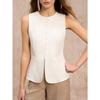 Women Crew Neck Sleeveless Waistcoat Vest Solid White Multi Button Slim Fit Office Blazer Top