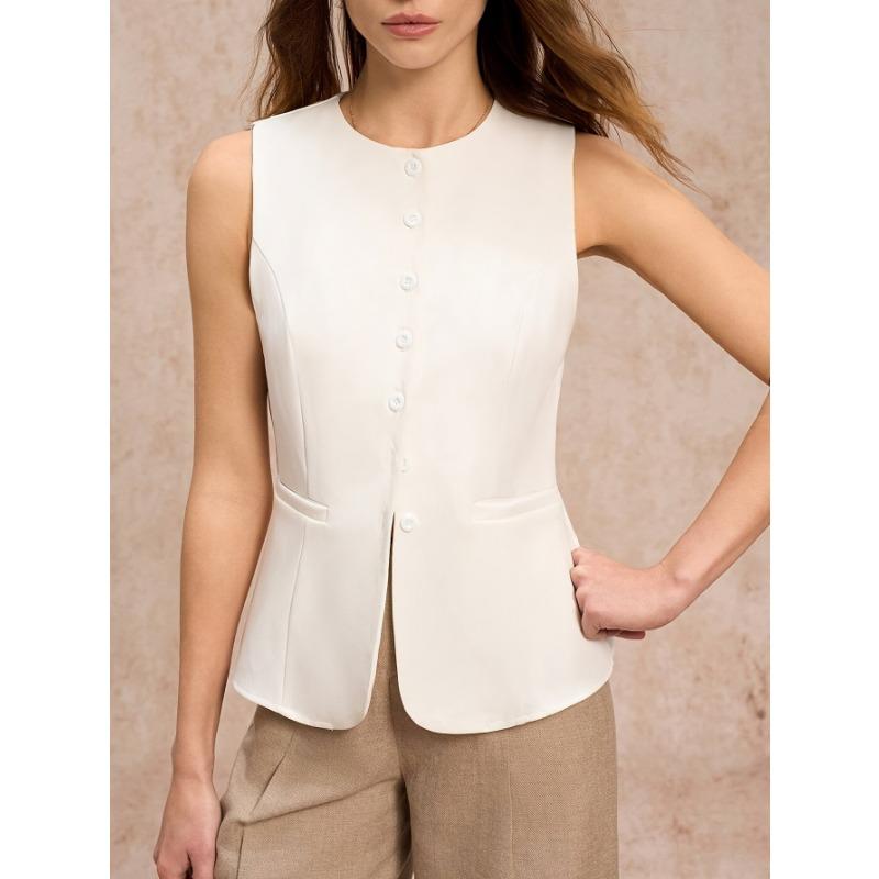 Women Crew Neck Sleeveless Waistcoat Vest Solid White Multi Button Slim Fit Office Blazer Top