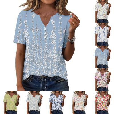 Women's Casual Floral Print V-Neck Short Sleeve Button T-Shirt