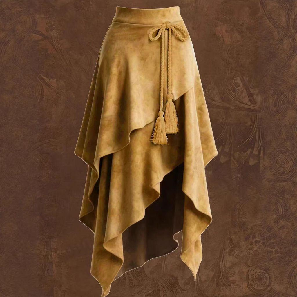 Polyester Aline Midi Skirt With Wrinkle Texture For Casual Travel And Dating