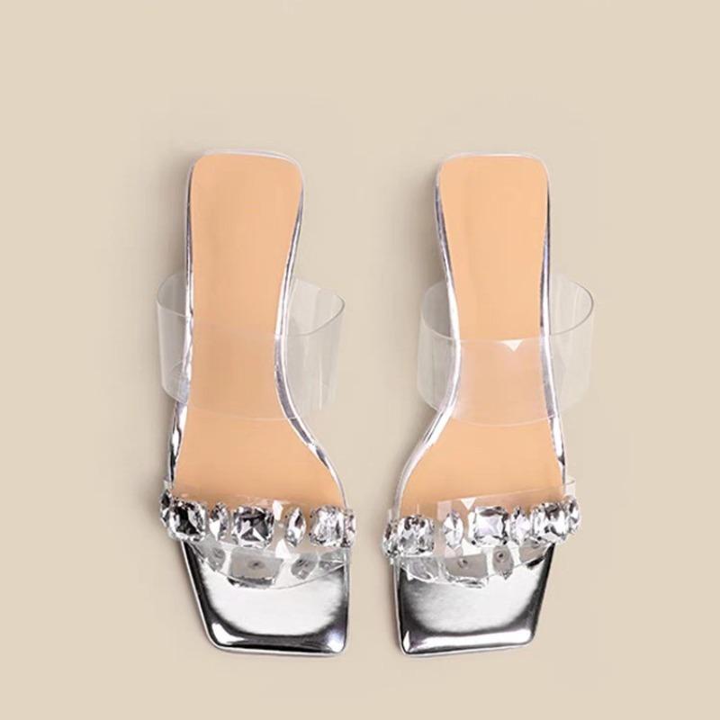 2025 Summer New Crystal Transparent Flip-Flops Diamond Slippers Women Wear Thick Fashion High Heels