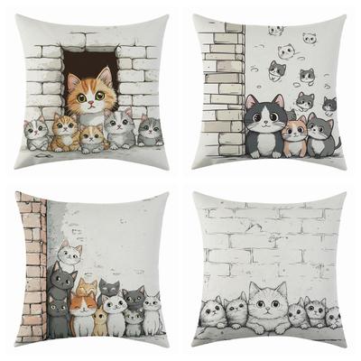Nouvelle taie d'oreiller en lin motif chat de dessin animé pour décoration de fête, coussin lombaire pour voiture et canapé