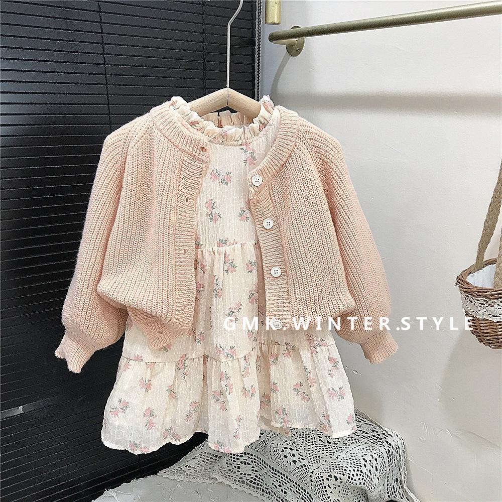 Kids' Korean Mohair Bubble Sleeve Knitted Cardigan & Floral Stand Collar Dress